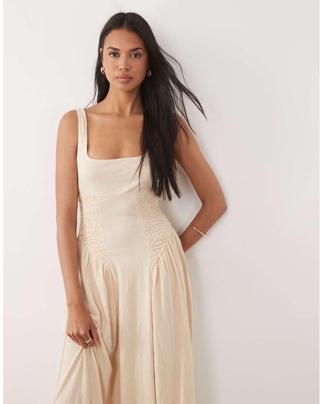ASOS Natural Crinkle Square Neck Panel Detail Midi Dress