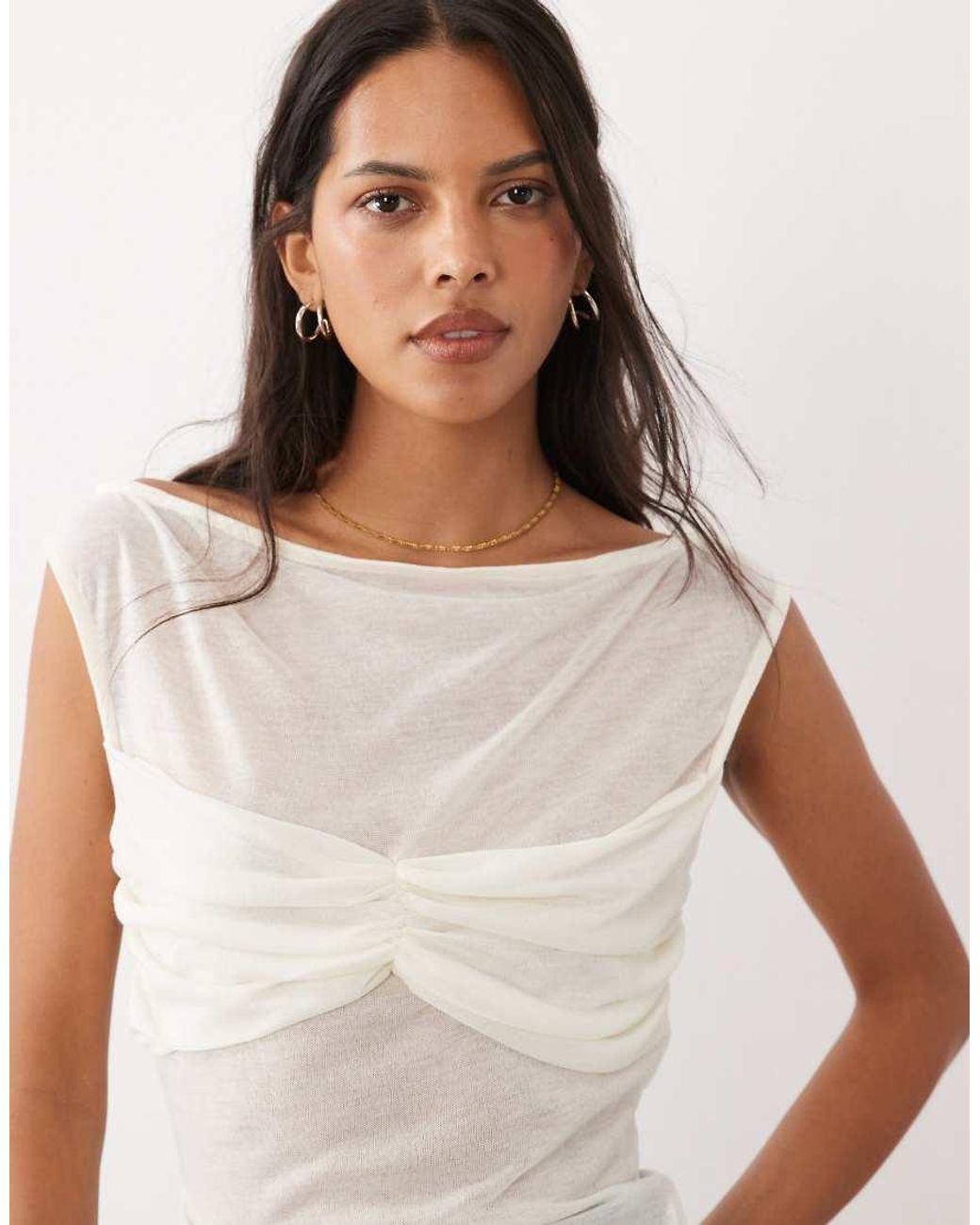 ASOS White Semi Sheer Knit Look Cap Sleeve Top With Ruched Bust Overlay
