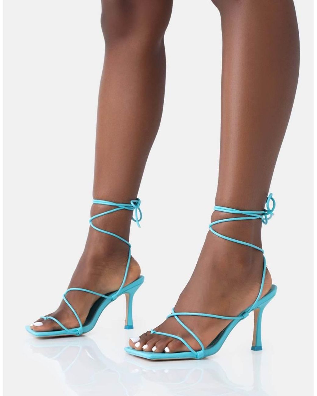 Public Desire Euphoria Baby Blue Patent Square Toe Lace Up Mid Heels