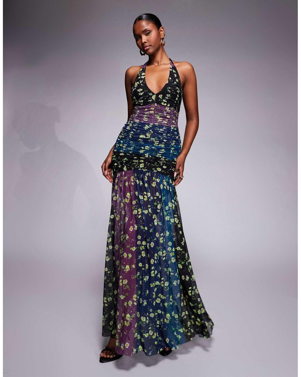 melissa halter maxi dress AFRM Mesh Neck Ruched Drop Waist in Blue Odabash shay