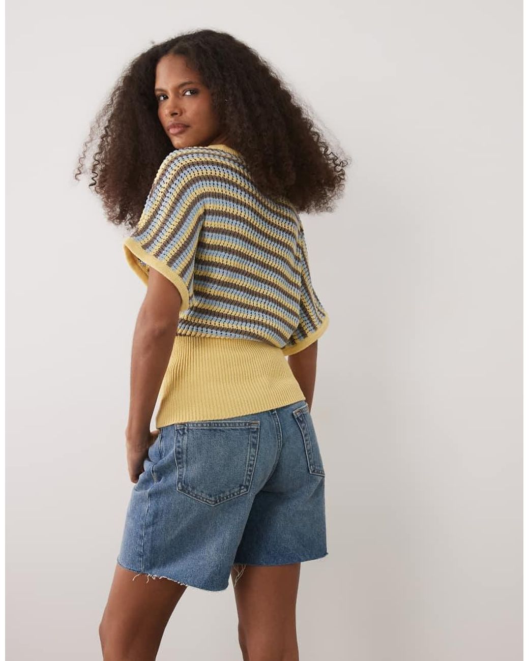 ASOS Multicolor Knitted Cotton Blend Cinch Hem Top