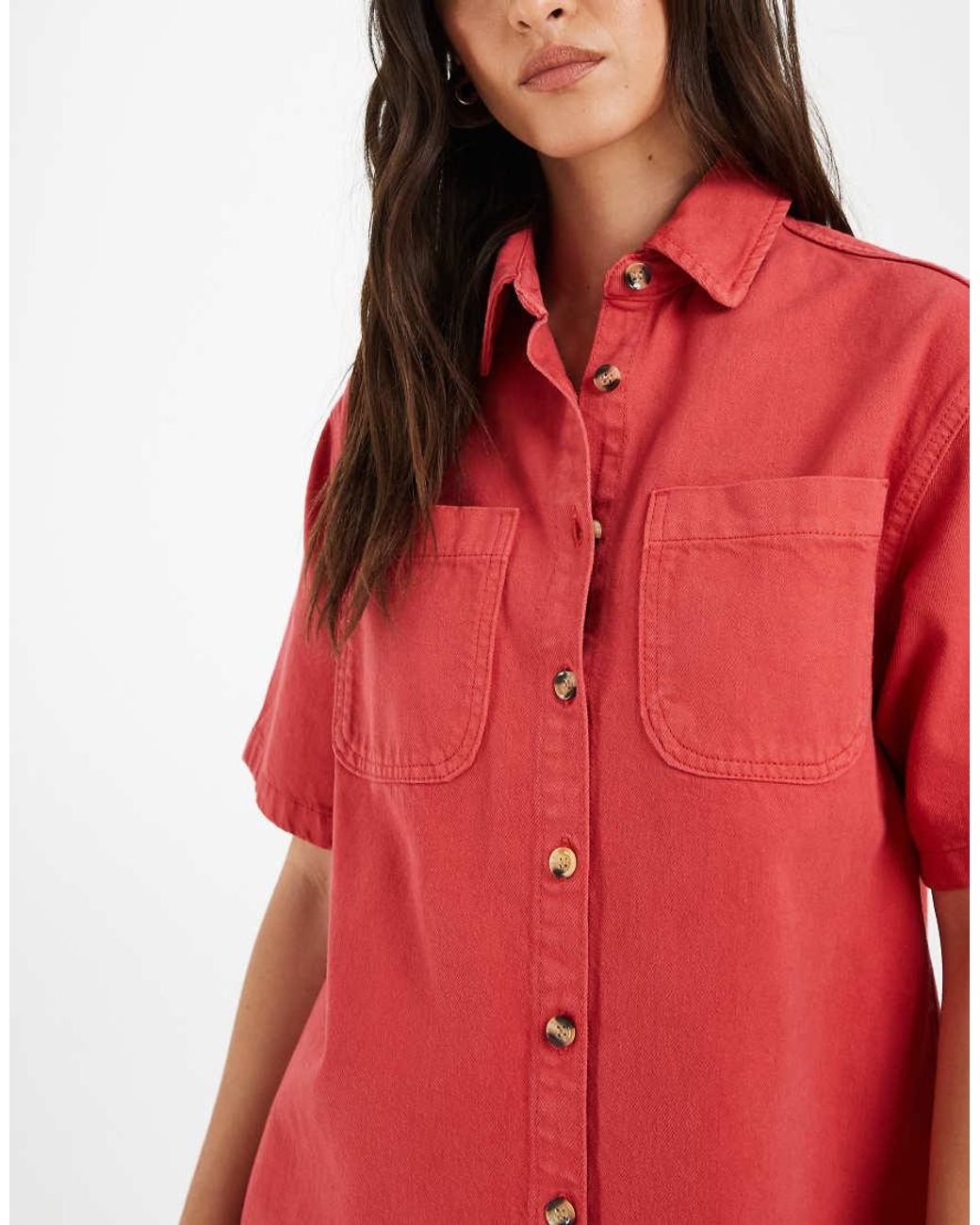 ASOS Red Denim Boxy Shirt Dress With Pocket Detail