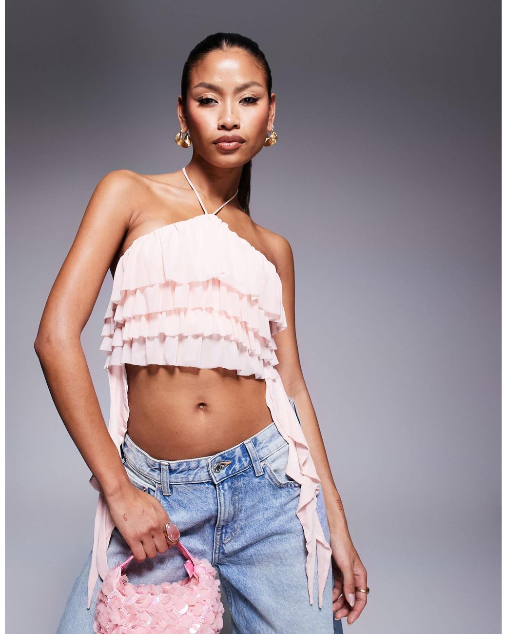 AFRM Blue Halter Neck Ruffle Top