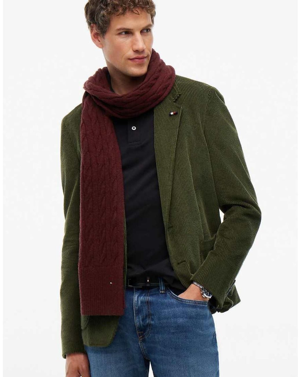 Tommy Hilfiger Red Lambswool Blend Cable Knit Scarf for men