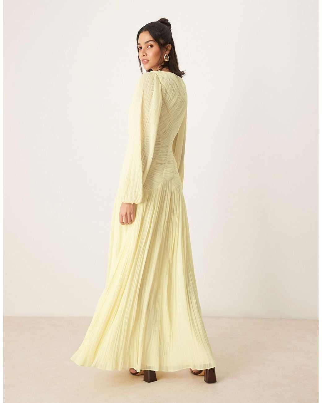 ASOS Long Sleeve Shirred Crinkle Maxi Dress With Dropped Waist in Natural