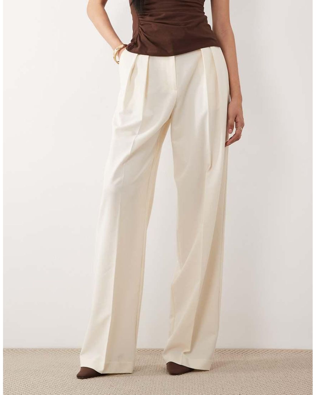 ASOS Natural Tall Tailored Wide Leg Trousers With Pleat Detail