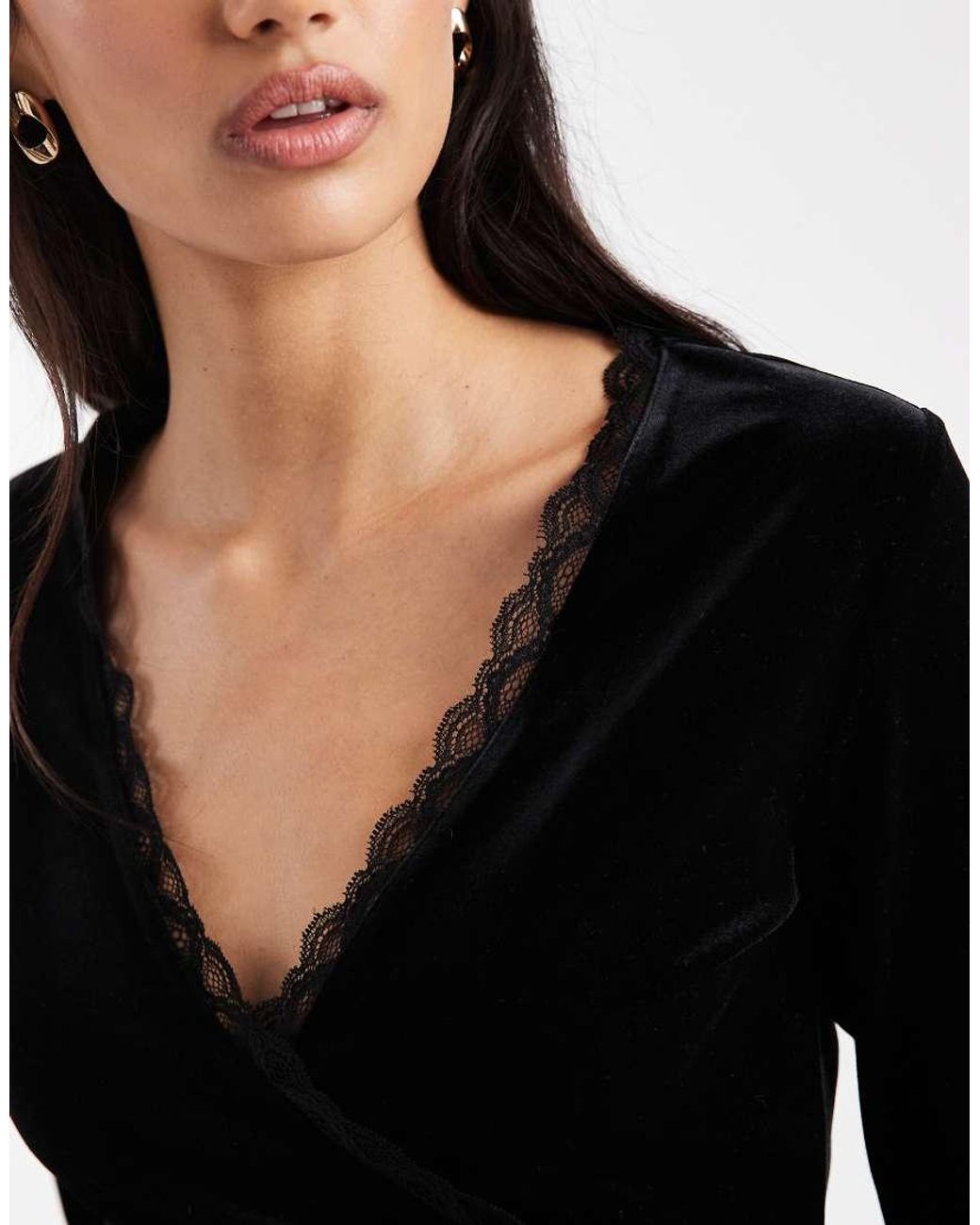 Miss Selfridge Black Velvet Long Sleeve Wrap Top