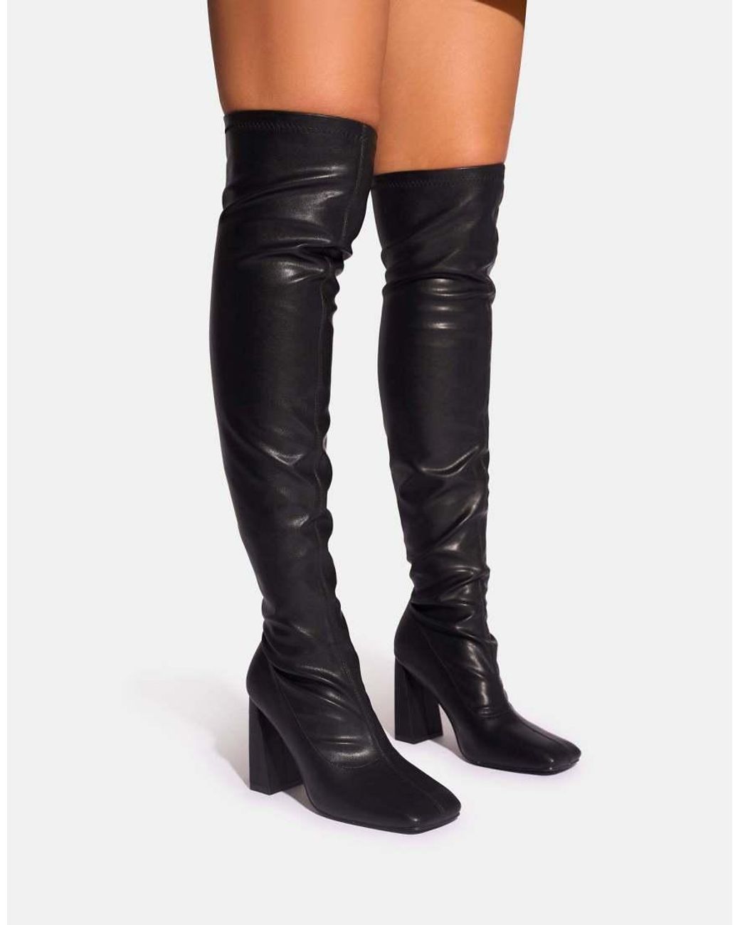 Public Desire Black Showoff Pu Block Heel Over The Knee Boot