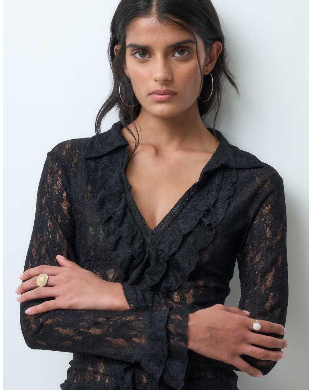 Miss Selfridge Black Sheer Lace Shirt
