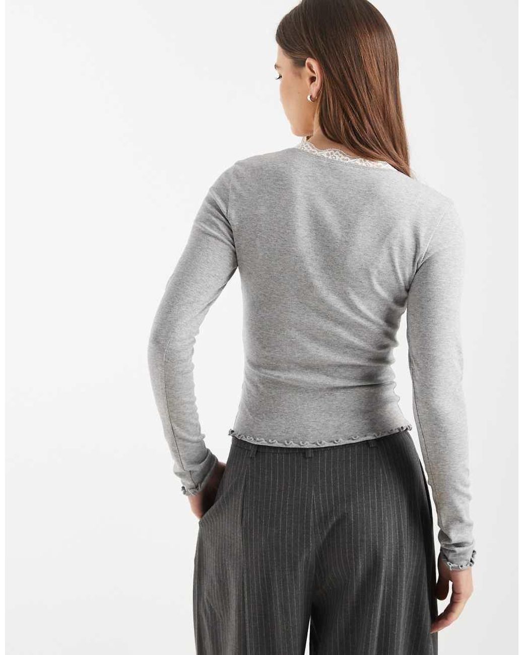 ASOS Gray Scoop Neck Long Sleeve Top With Contrast Lace