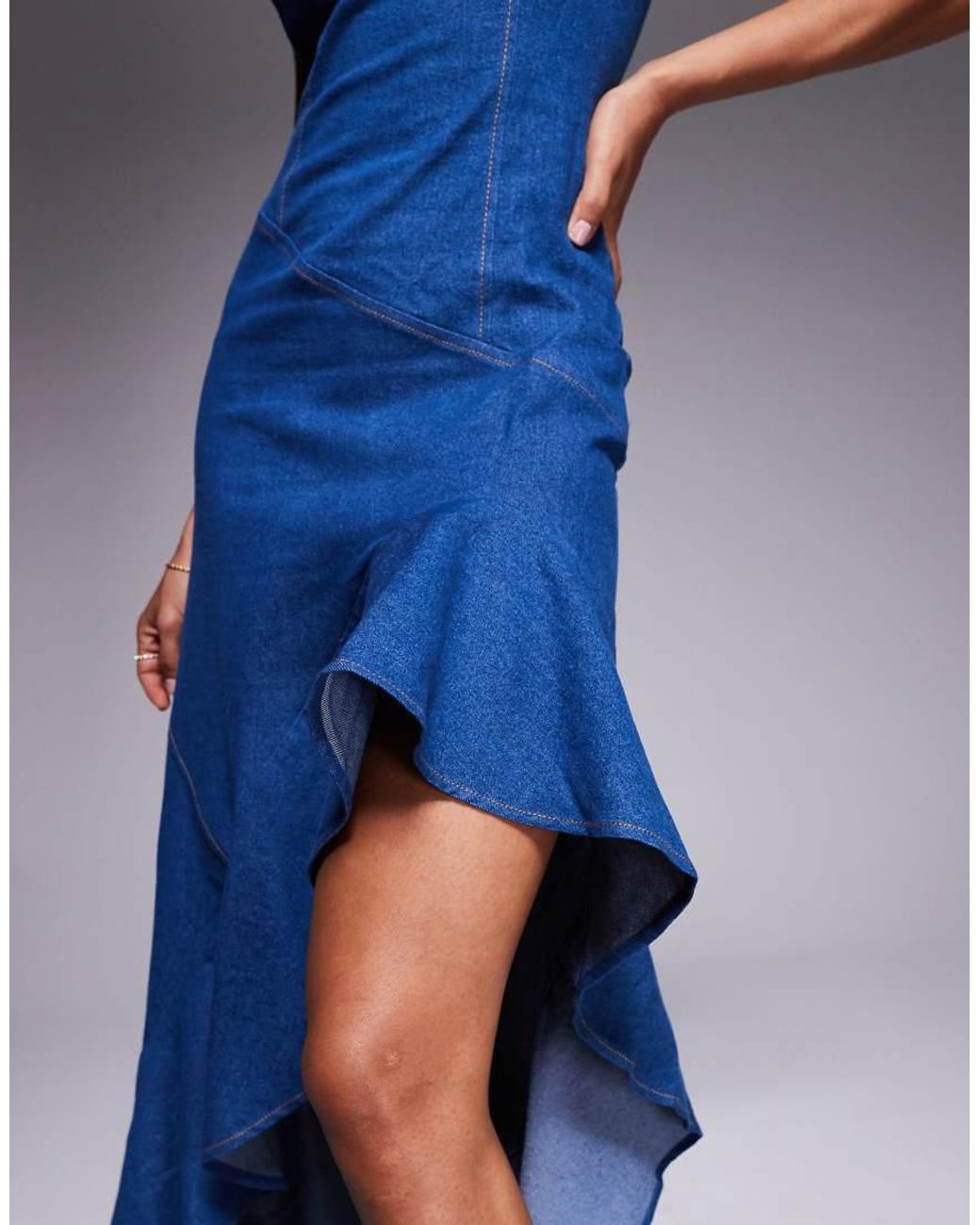 Goddiva Blue Denim Asymmetric Frill Maxi Dress