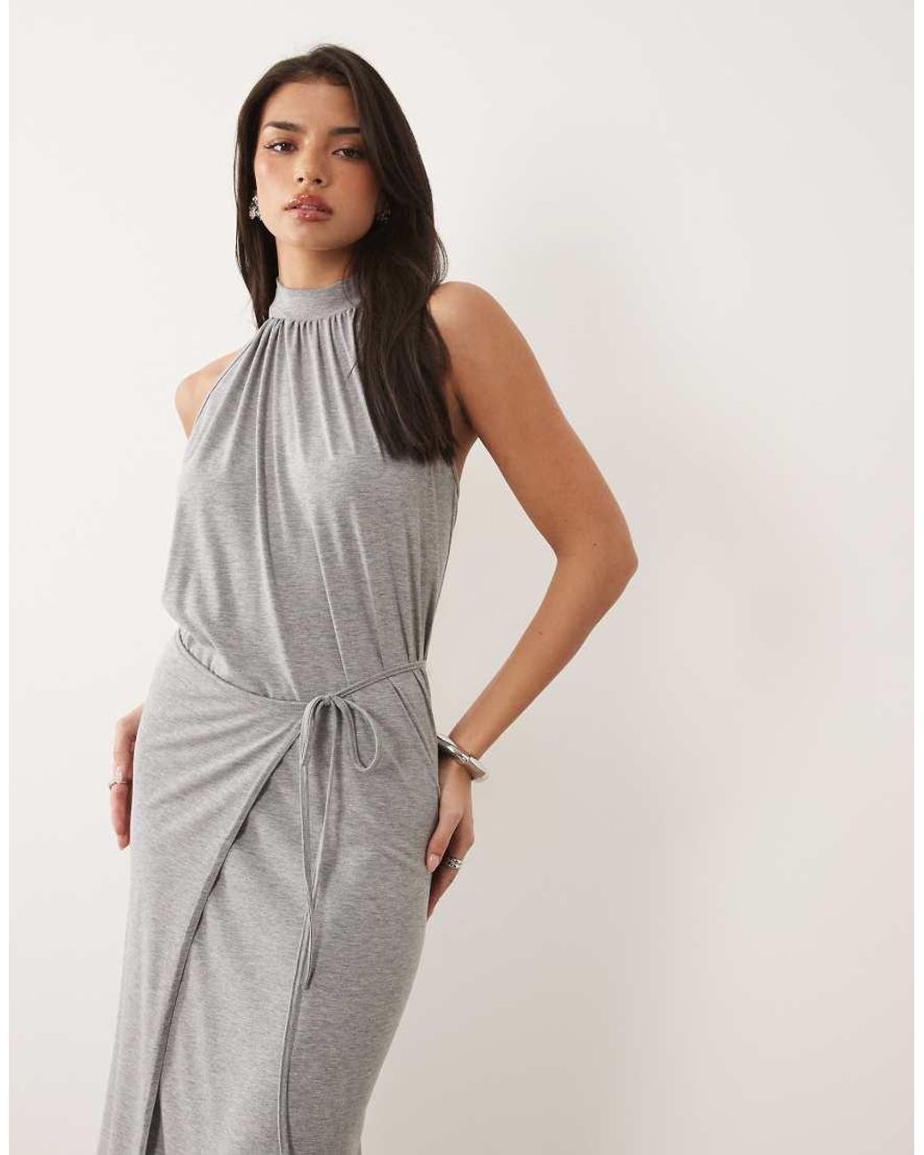 Missy Empire Gray High Neck Wrap Tie Waist Detail Maxi Dress