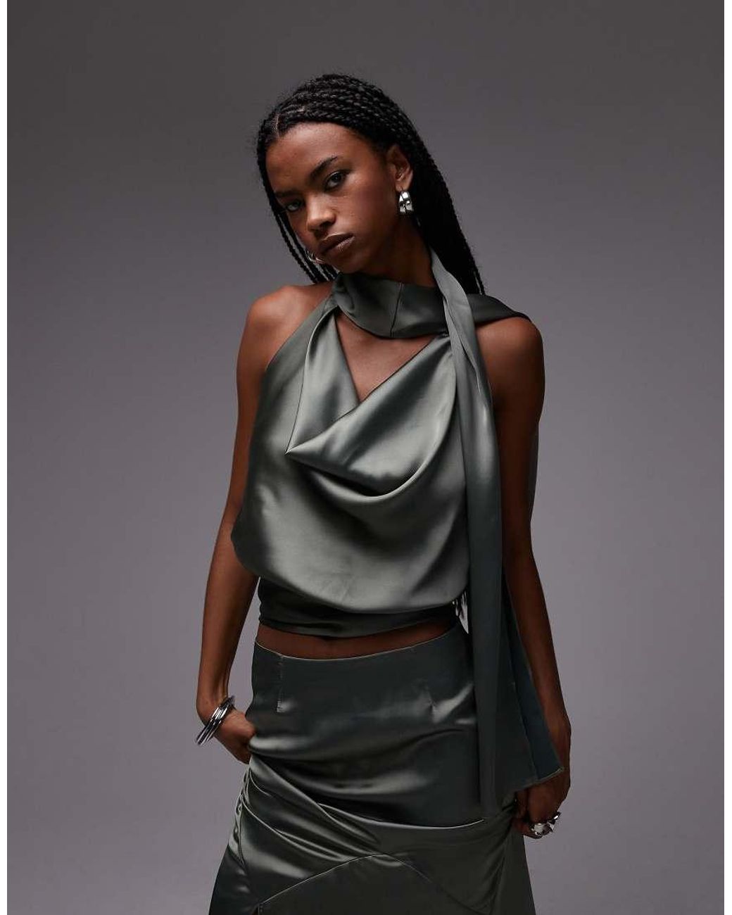 ASOS Gray Satin Drape Scarf Top
