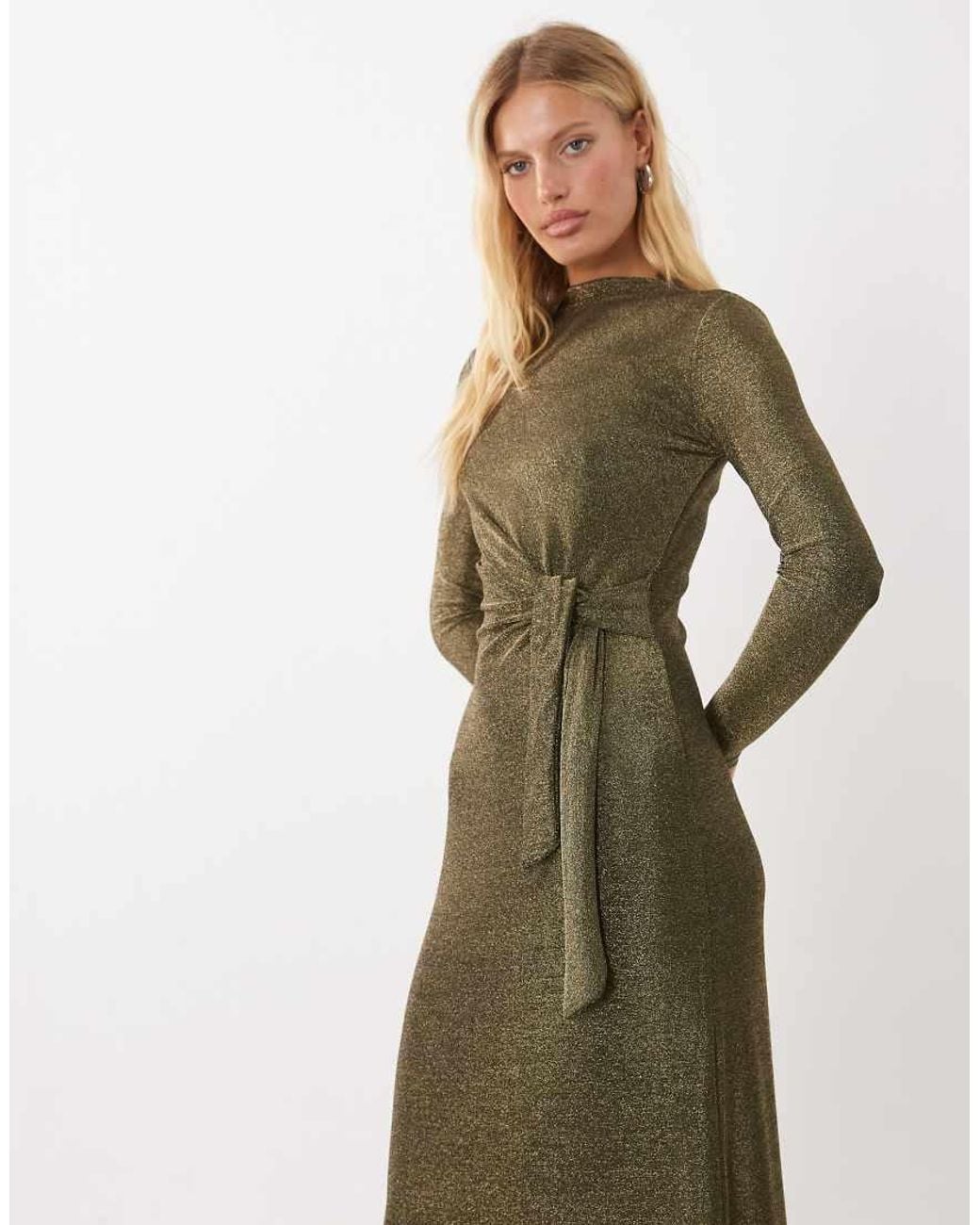 Threadbare Green Draped Long Sleeve Midi Dress With Knot Detail