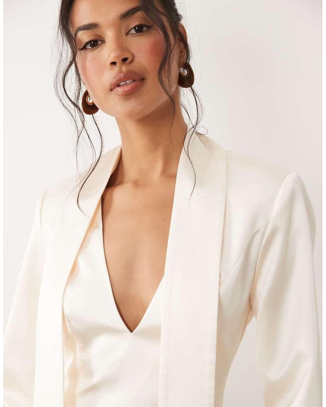TFNC London Natural Satin Scarf Detail V Neck With Shoulder Pad Detail Mini Dress
