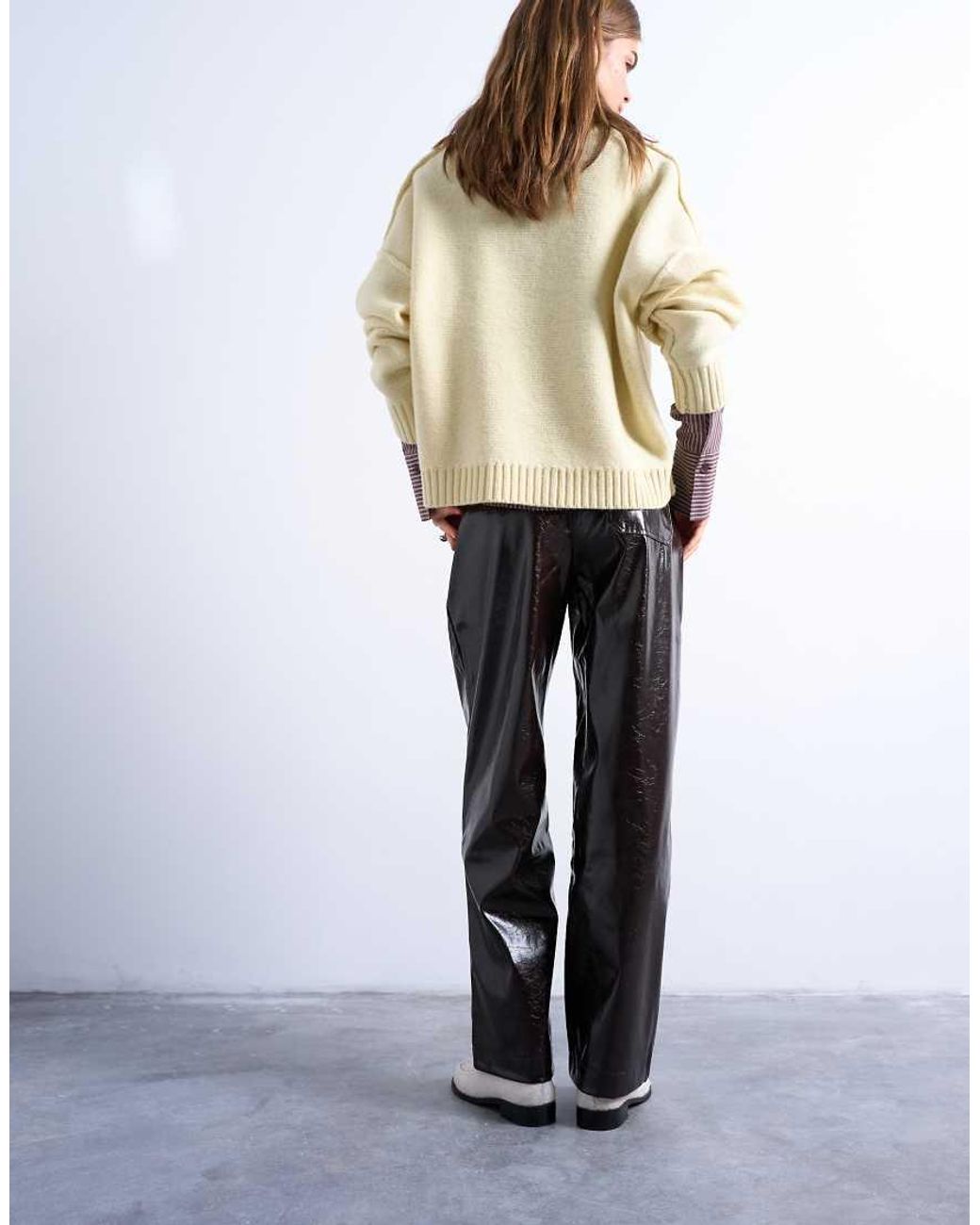 TOPSHOP White High Shine High Waist Faux Leather Pleated Straight Leg Trouser