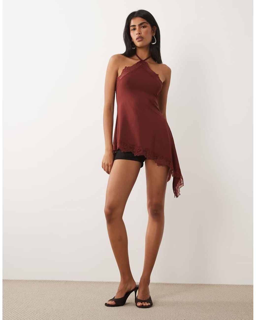 ASOS Red Slinky Long Line Lace Trim Asymmetric Halterneck Top