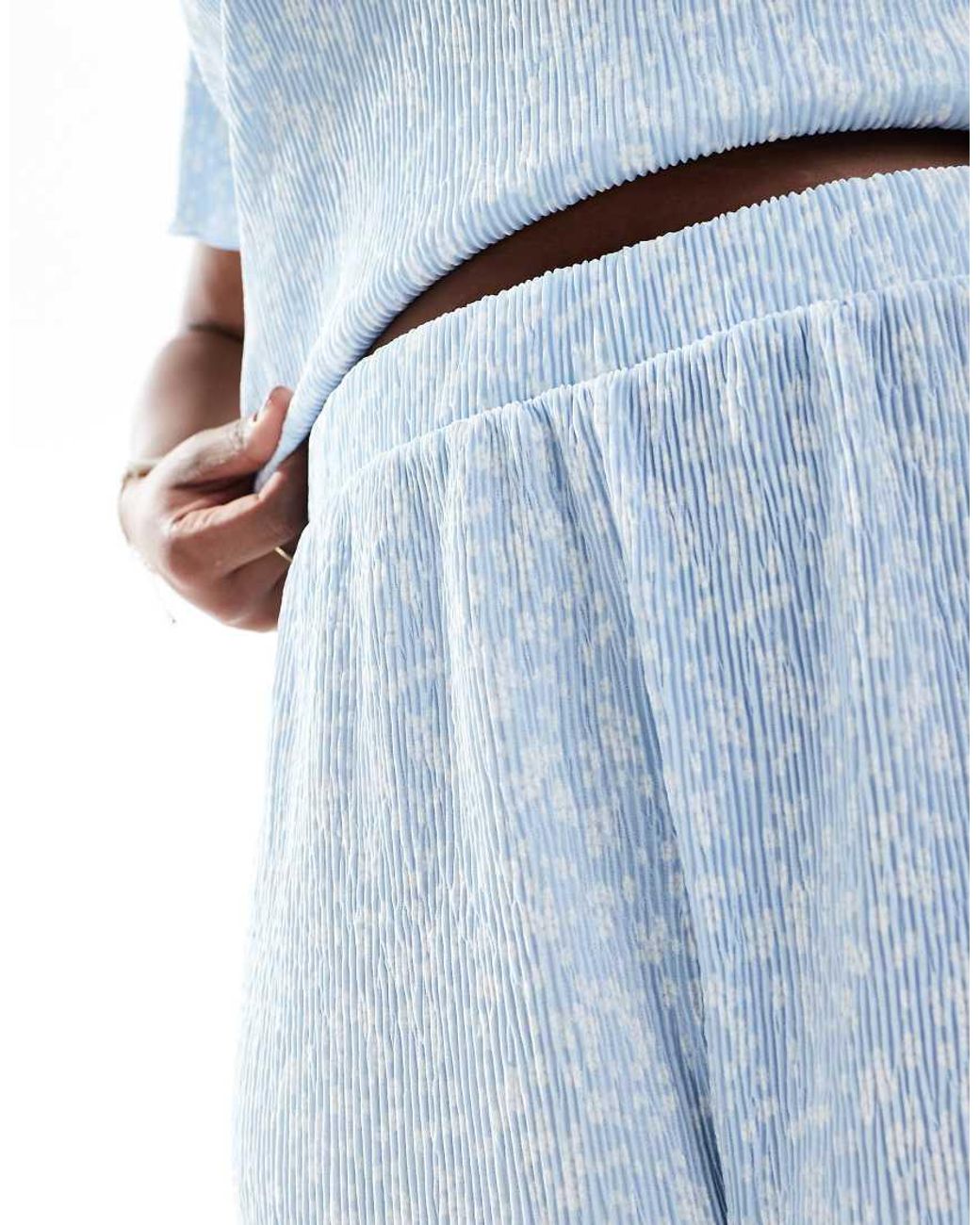 Pieces Plus Blue Pieces Curve Mini Plisse Wide Leg Trouser Co-Ord