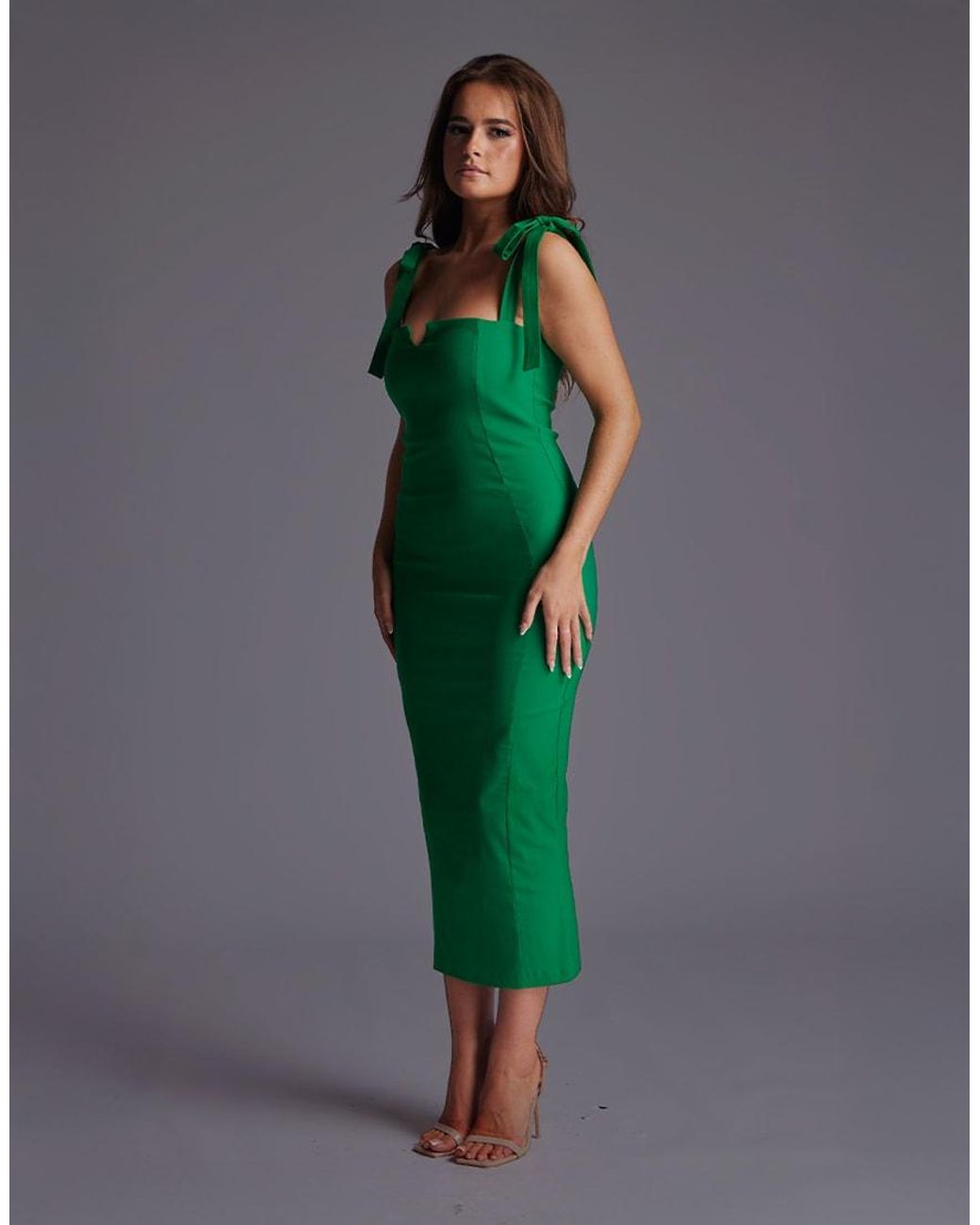 Vesper Green Bow Tie Strap Bodycon Midaxi Dress
