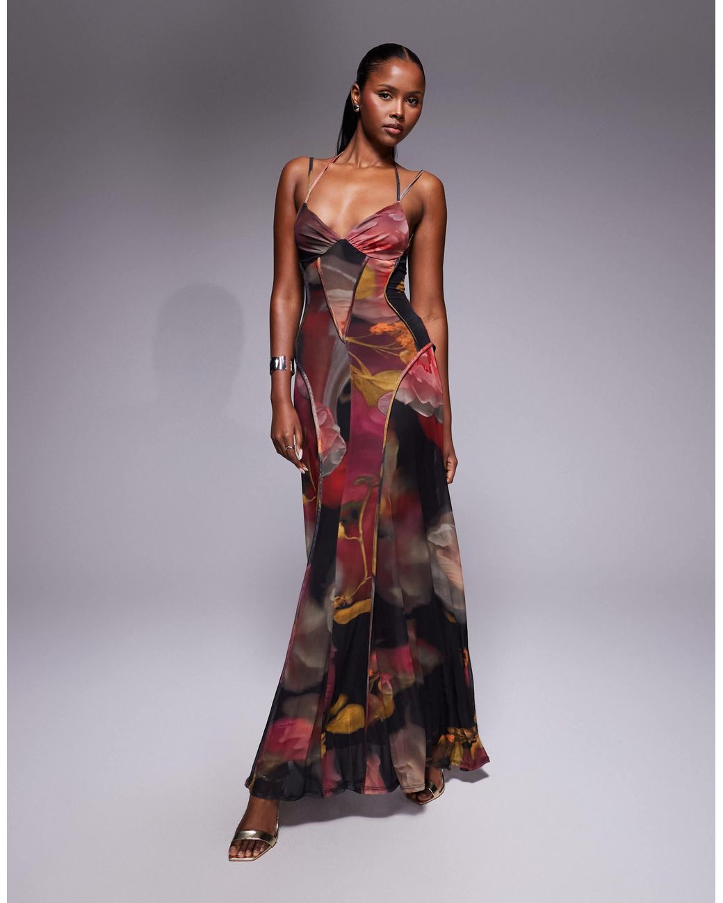 ASOS Printed Mesh Maxi Dress With Exposed Seam Detail | Lyst