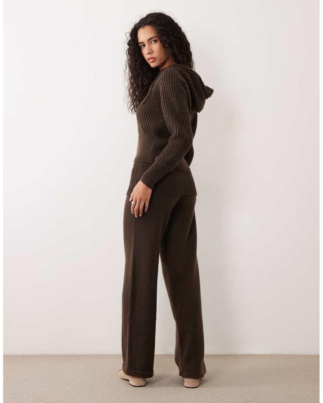 Aria Cove Natural High Waisted Fine Knit Wide Leg Trousers Co-Ord