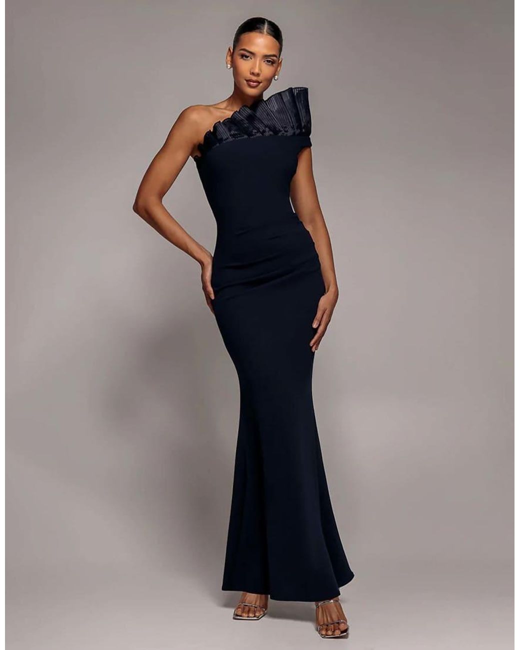 Goddiva Blue One Shoulder Organza Frill Pleated Mermaid Maxi Dress