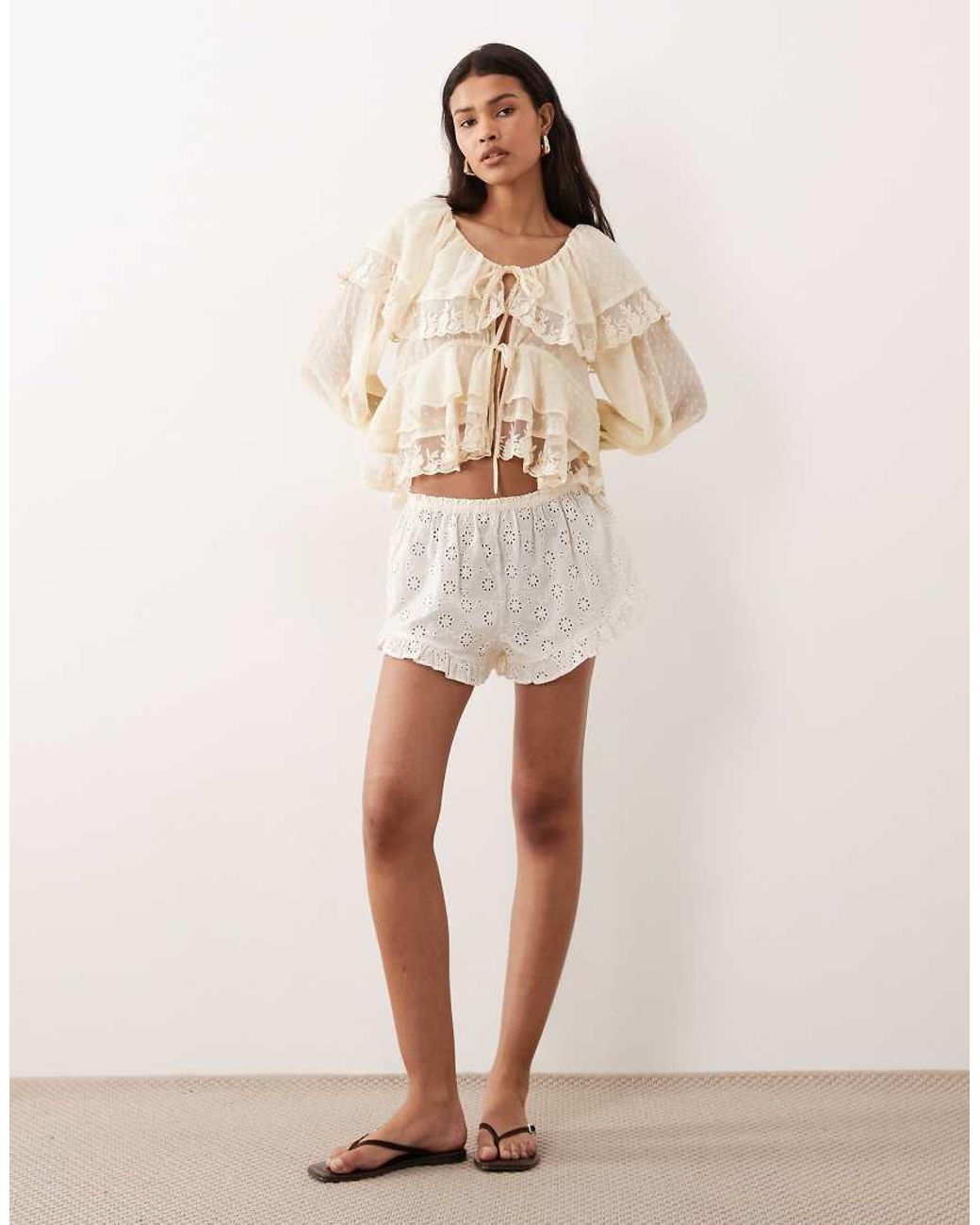 Miss Selfridge Natural Chiffon And Lace Tie Front Top