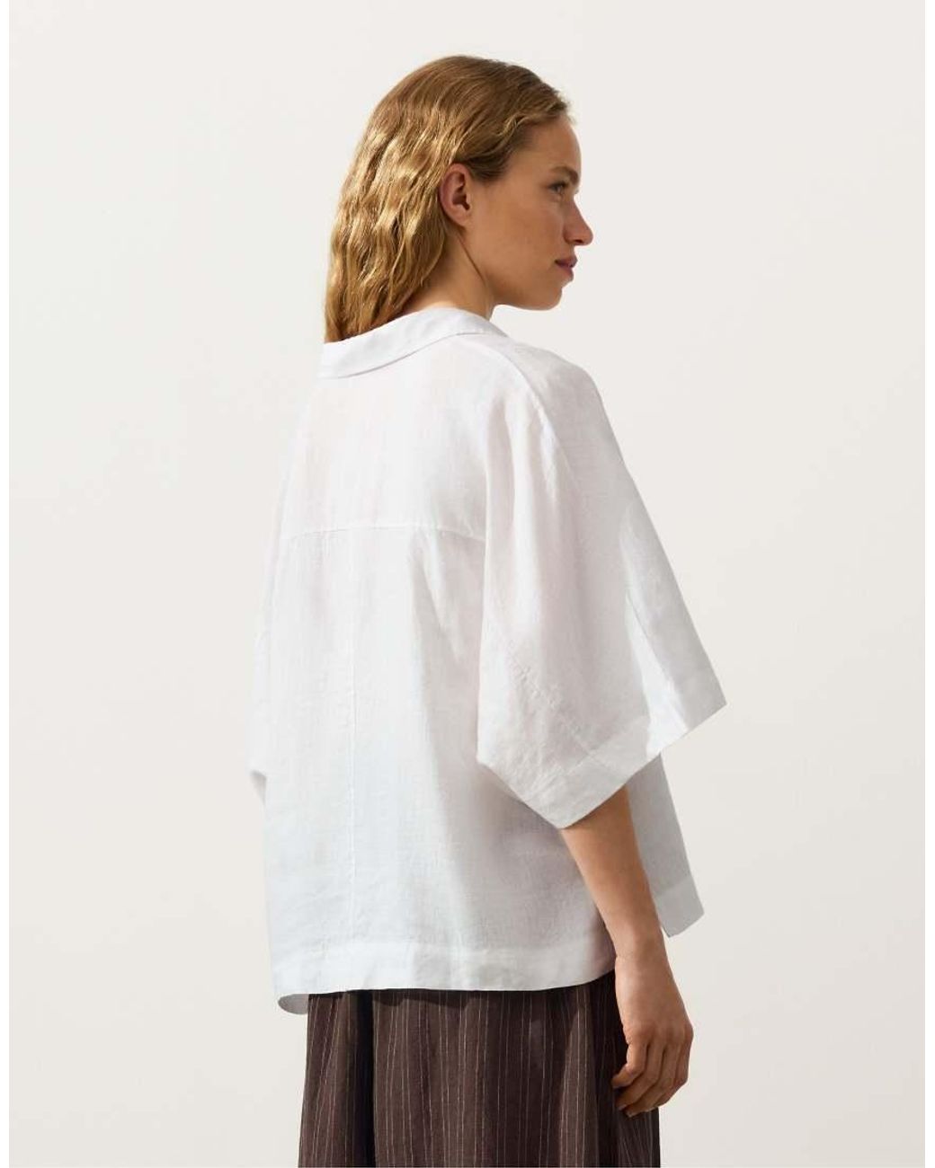 Oysho White Oversize 100% Linen Short-sleeved Shirt