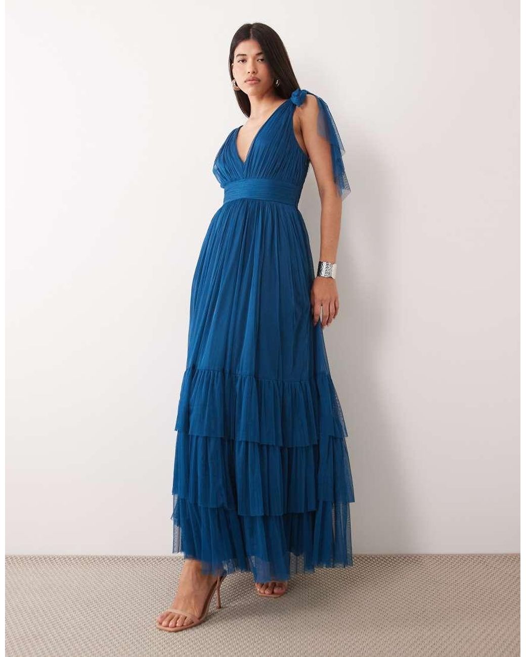 LACE & BEADS Blue L Madison Tulle Bow Shoulder Plunge Neck Maxi Dress
