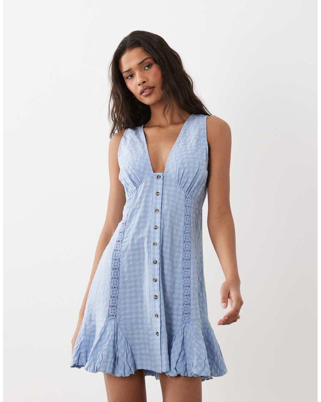 ASOS Blue V Neck Button Down Mini Dress With Lace Trims And Godets