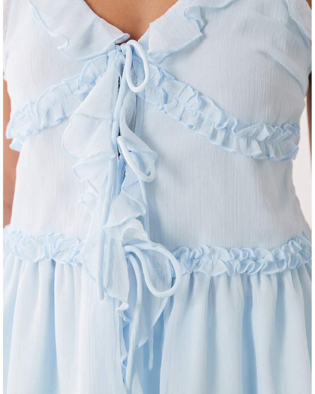Vila Blue Tie Front Cami Top With Frill Trim