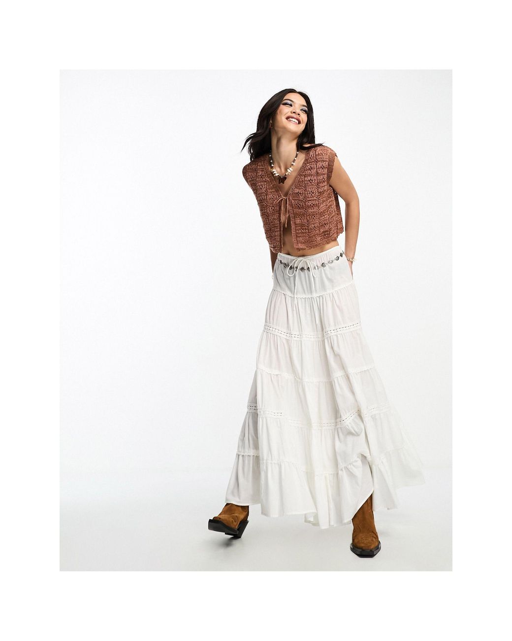 ASOS Full Tiered Maxi Prairie Skirt in White | Lyst