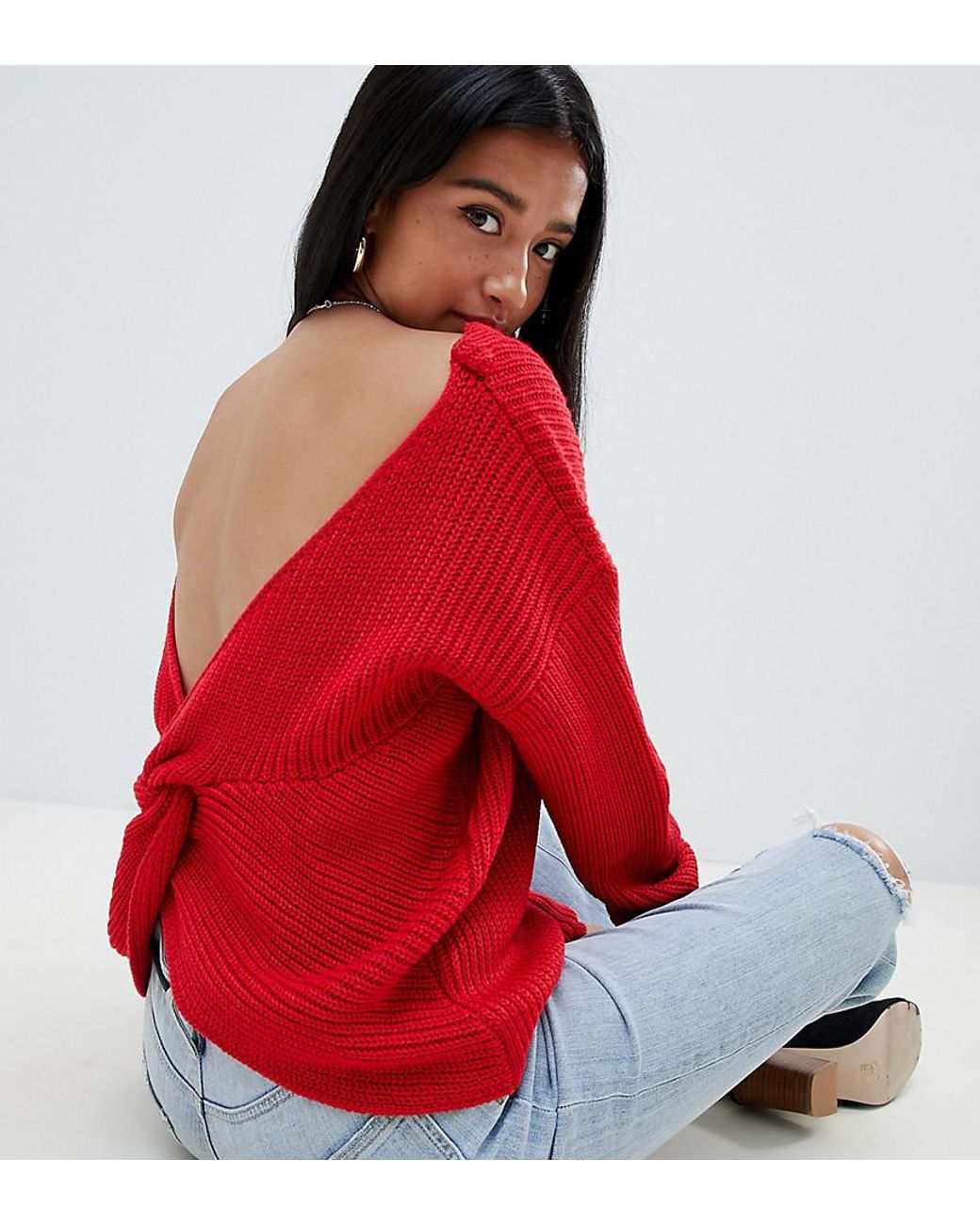 Missguided Twist Back Sweater In Red | Lyst