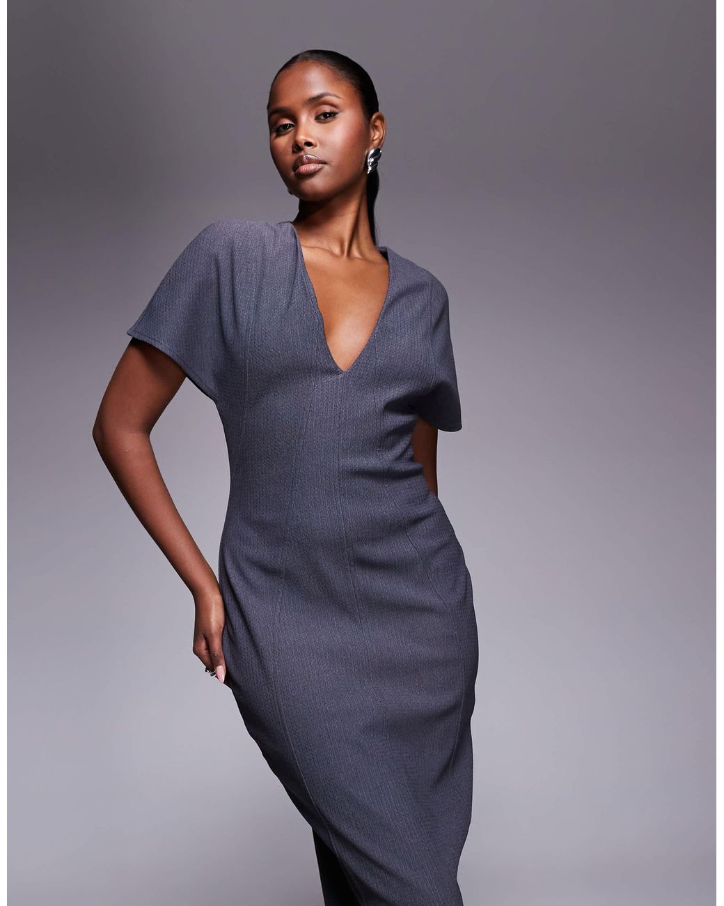 ASOS Blue Structured Short Sleeve V Neck Seamed Midi Dress