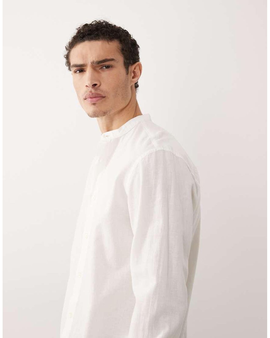 Jack & Jones White Linen Blend Shirt With Grandad Collar for men