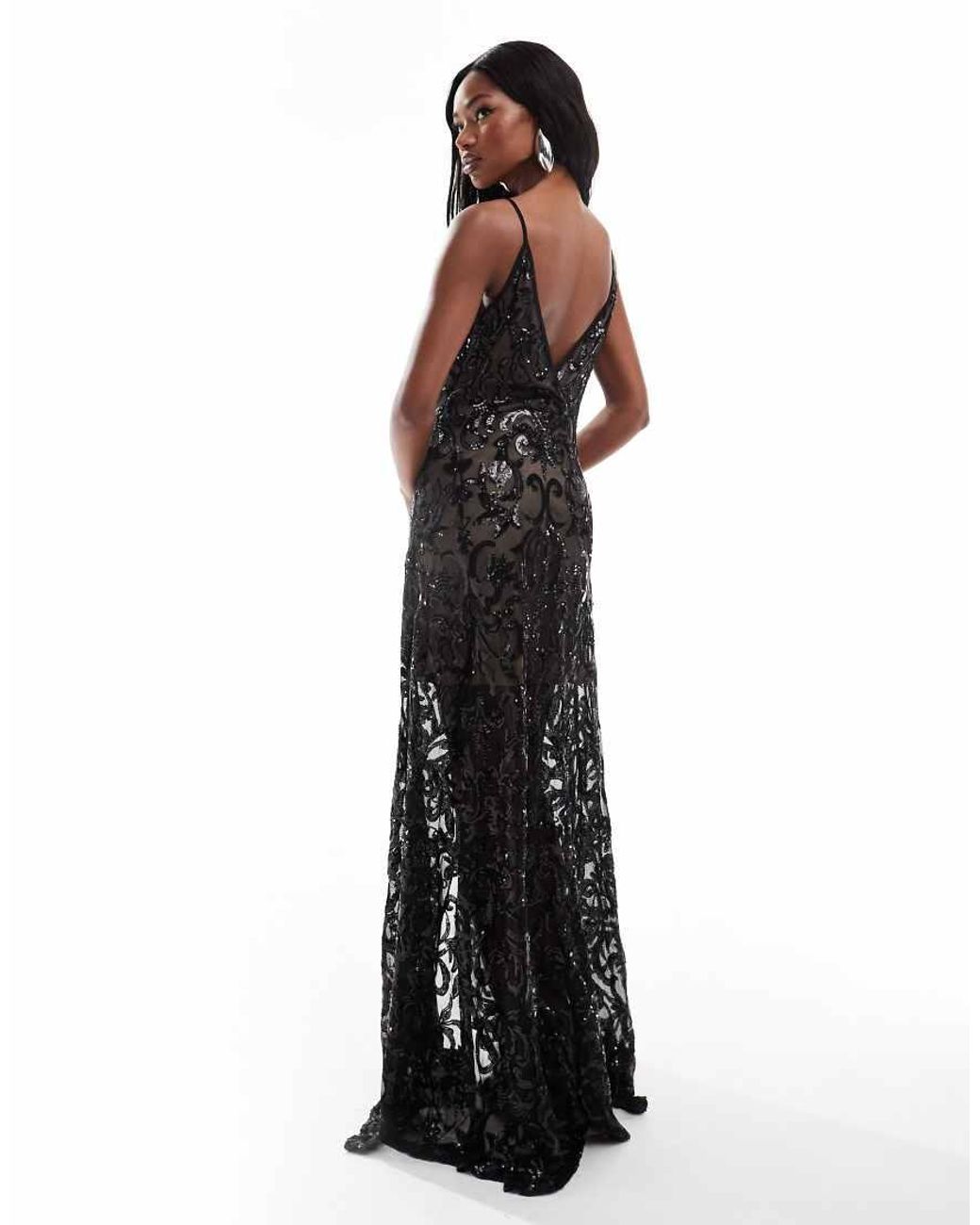 Goddiva Black Iridescent Sequin Maxi With Front Split