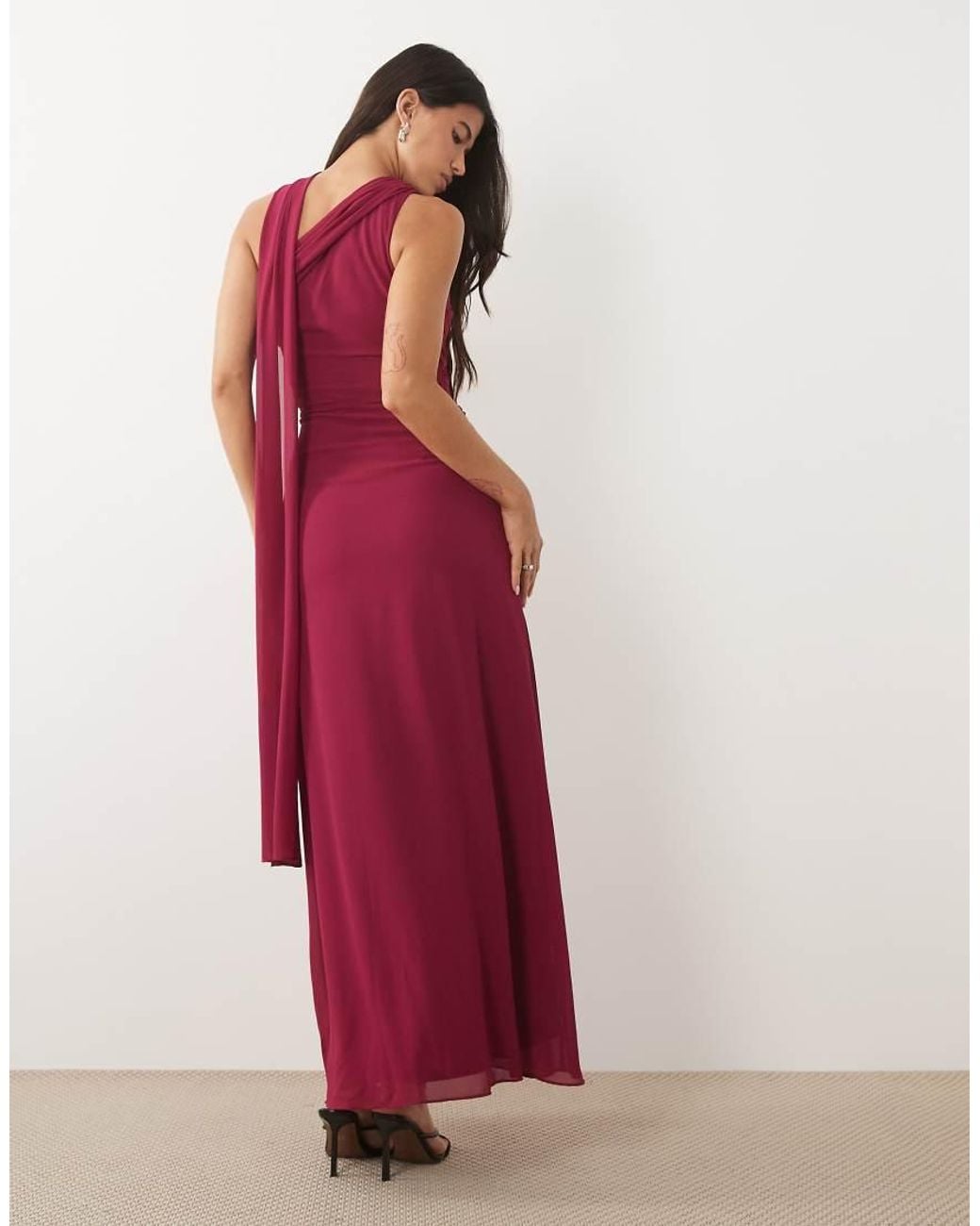 TFNC London Pink Bridesmaid Chiffon One Shoulder Twist Waist Draped Maxi Dress