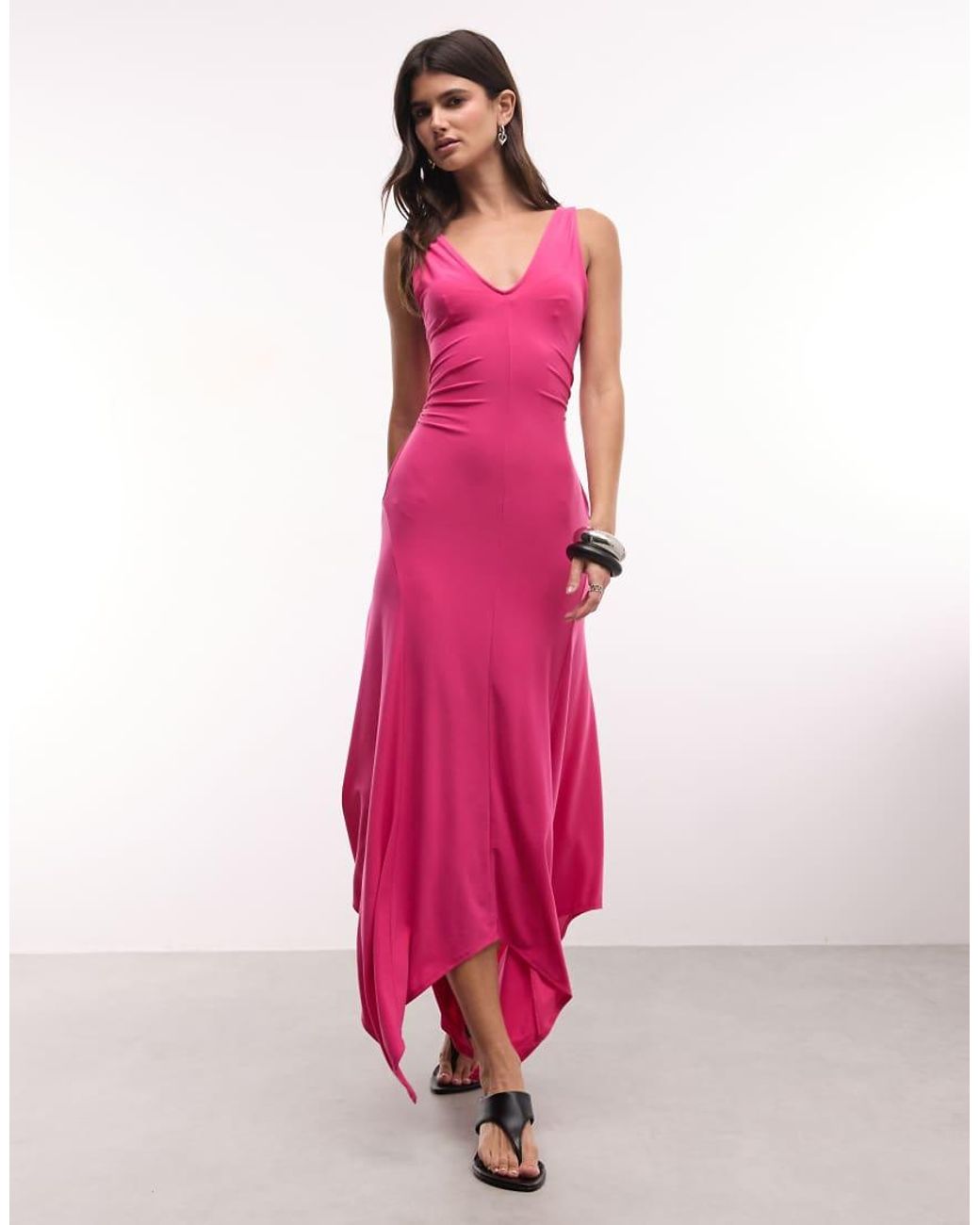 ASOS Pink V Neck Hanky Hem Midi Dress