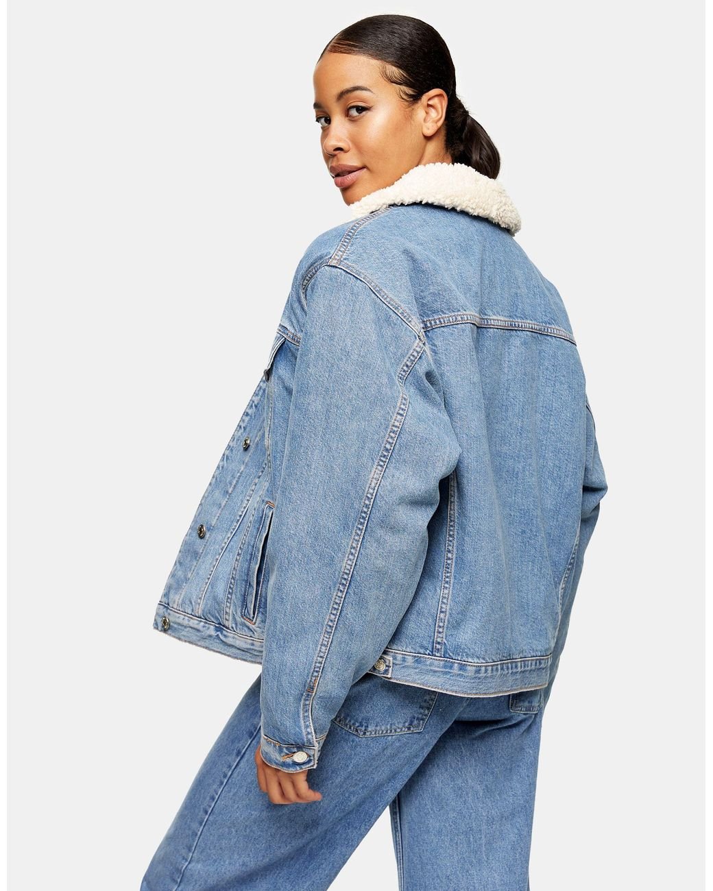 TOPSHOP Oversized Borg Trim Cotton Denim Jacket in Blue | Lyst