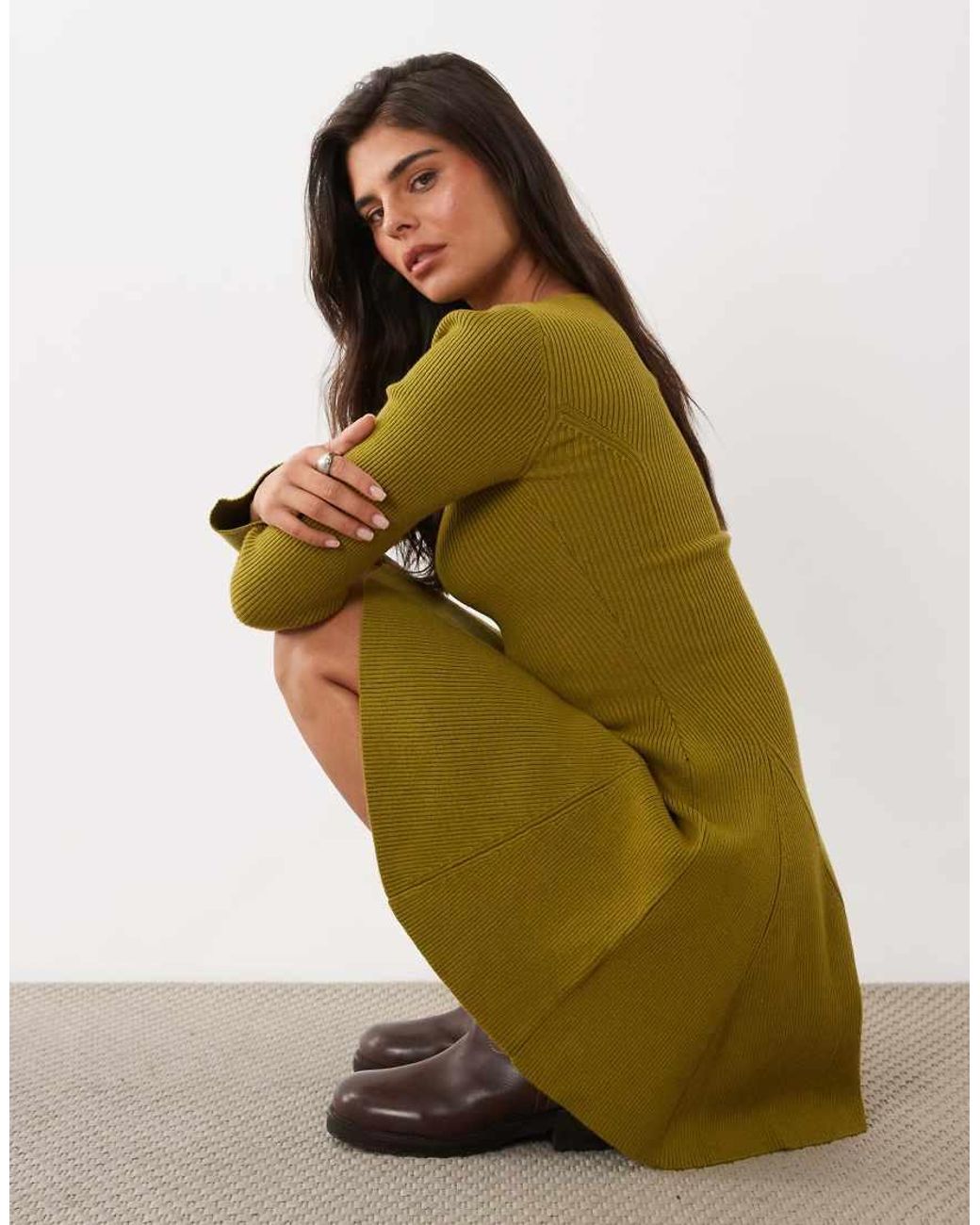 Nobody's Child Green Ribbed Jersey Crew Neck Skater Mini Dress