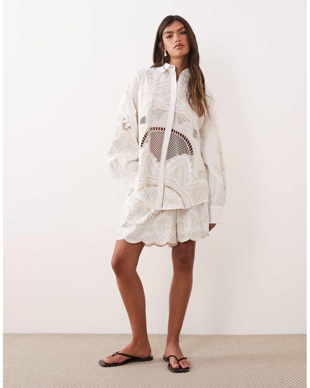 ARRANGE Natural Embroidered Cutwork Short Co-ord