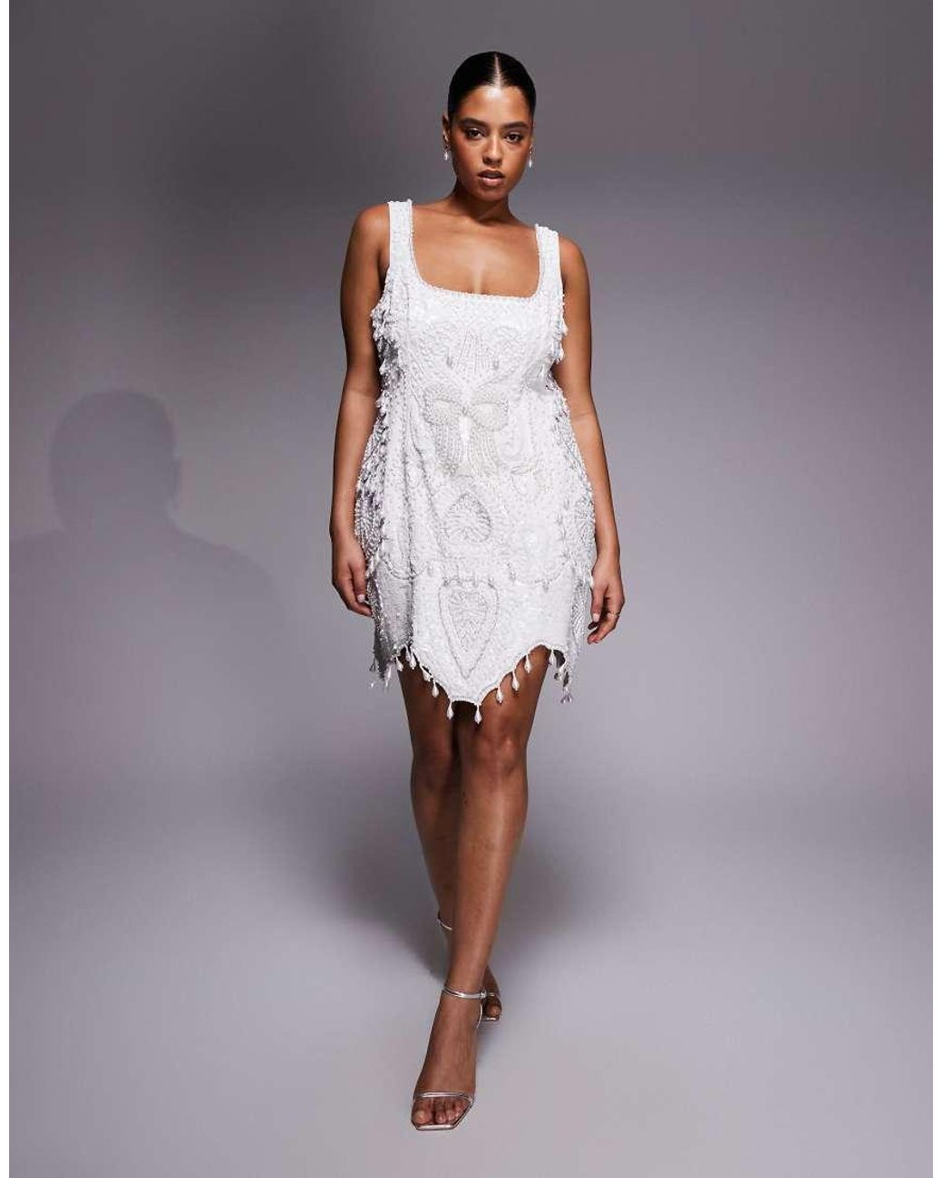 ASOS White Curve Gem Encrusted Mini Dress With Pearl Embellishment & Scallop Hem