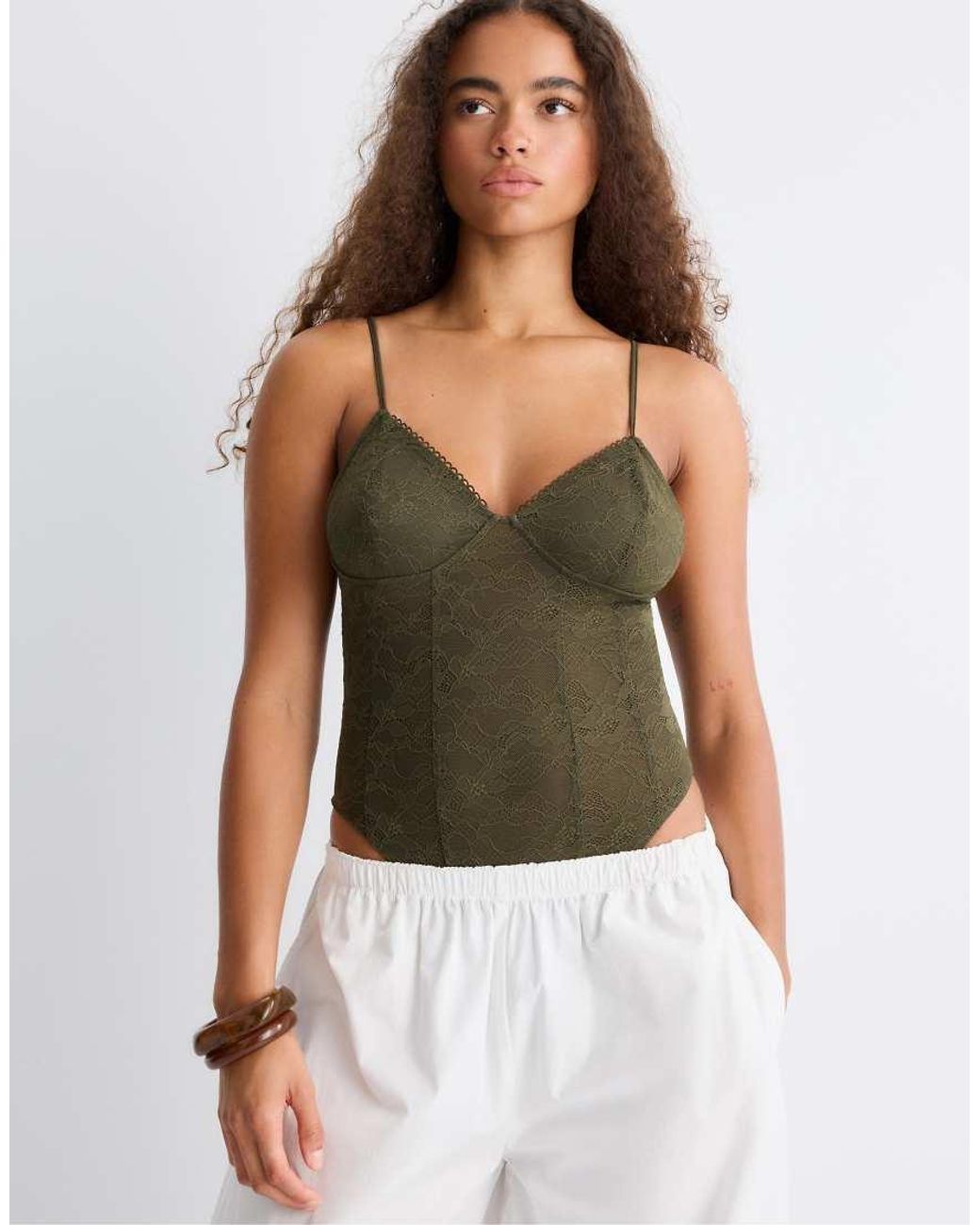 Stradivarius Green Bodysuit With Lace Straps