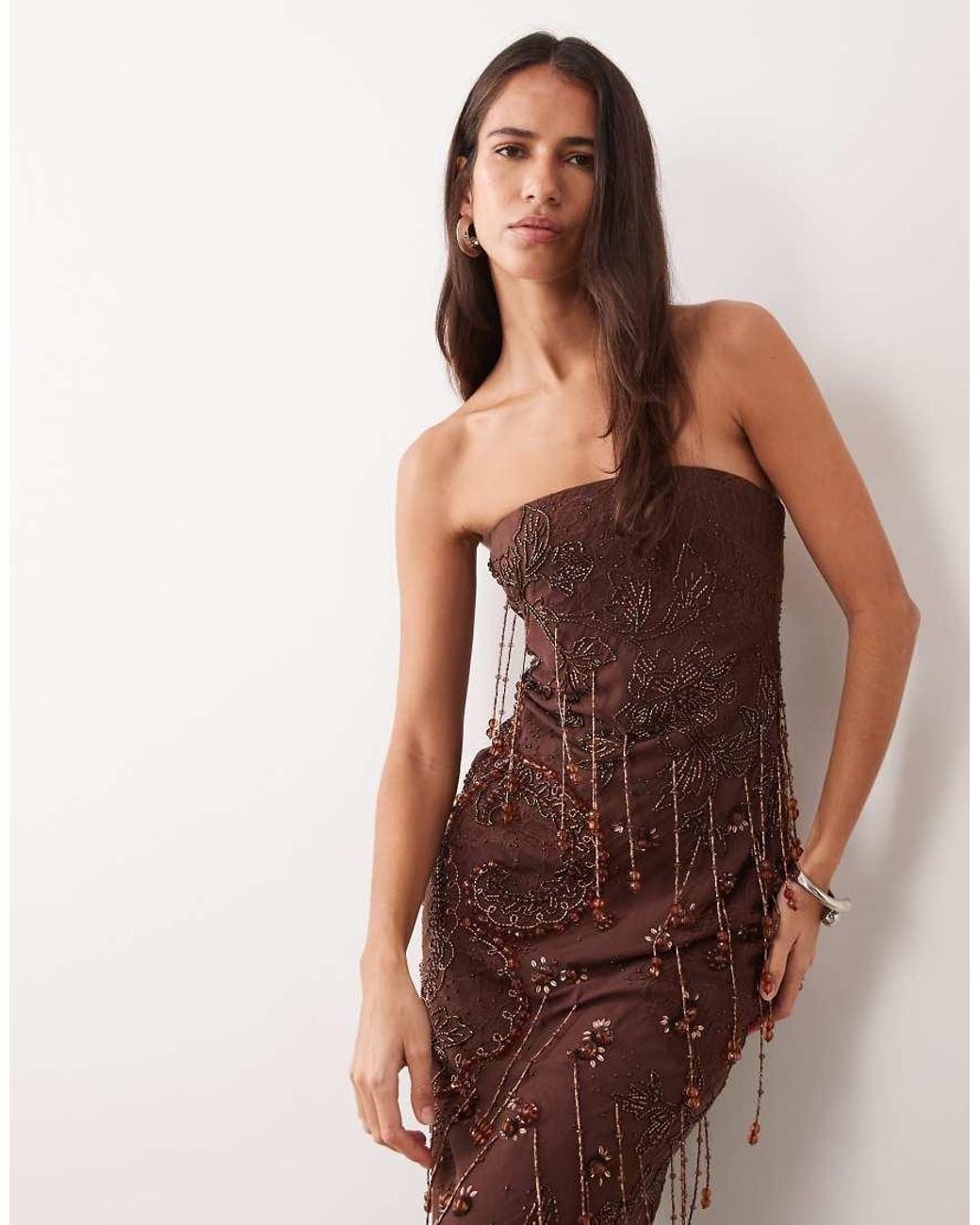 ASOS Brown Premium Embellished Lace And Tassel Bandeau Maxi Dress