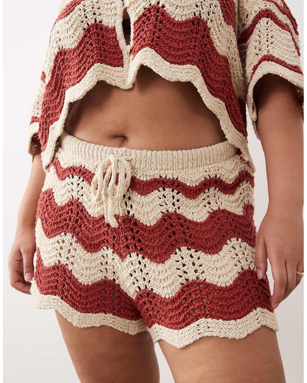ARRANGE Red Curve Co-ord Stripe Crochet Shorts