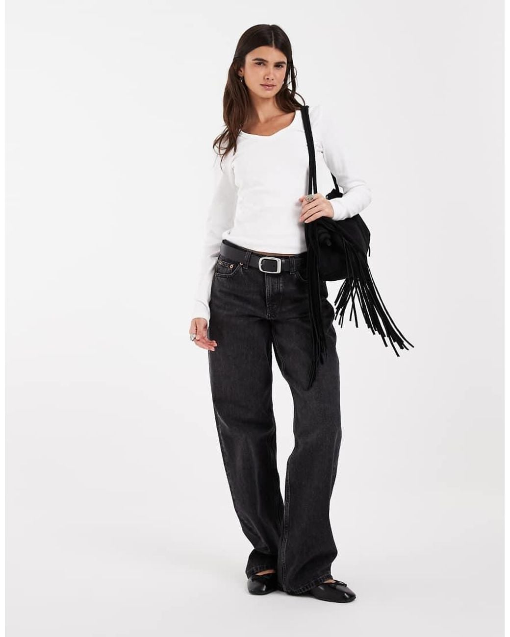 JJXX White Long Sleeve V-neck Ribbed Top