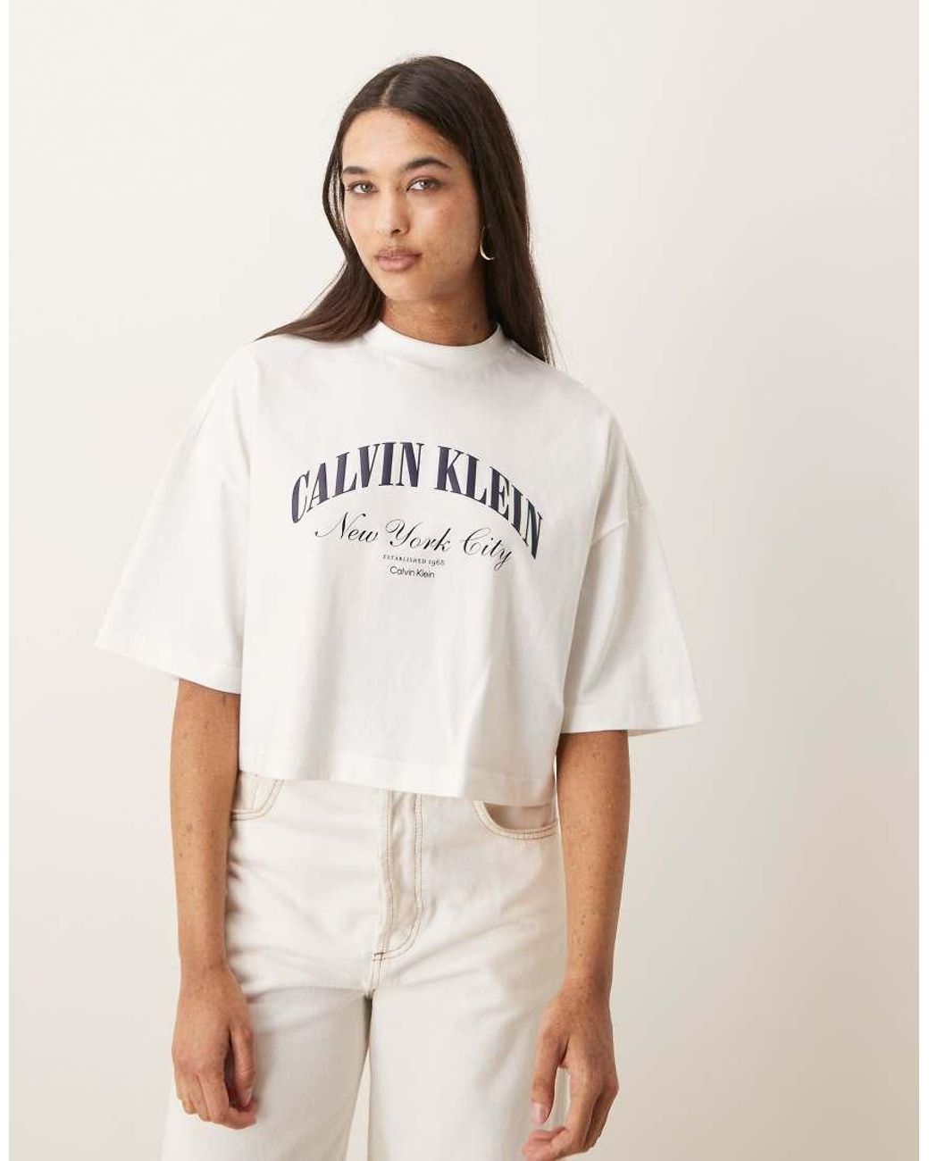 Calvin Klein White Heritage Logo Cropped Boxy T-shirt