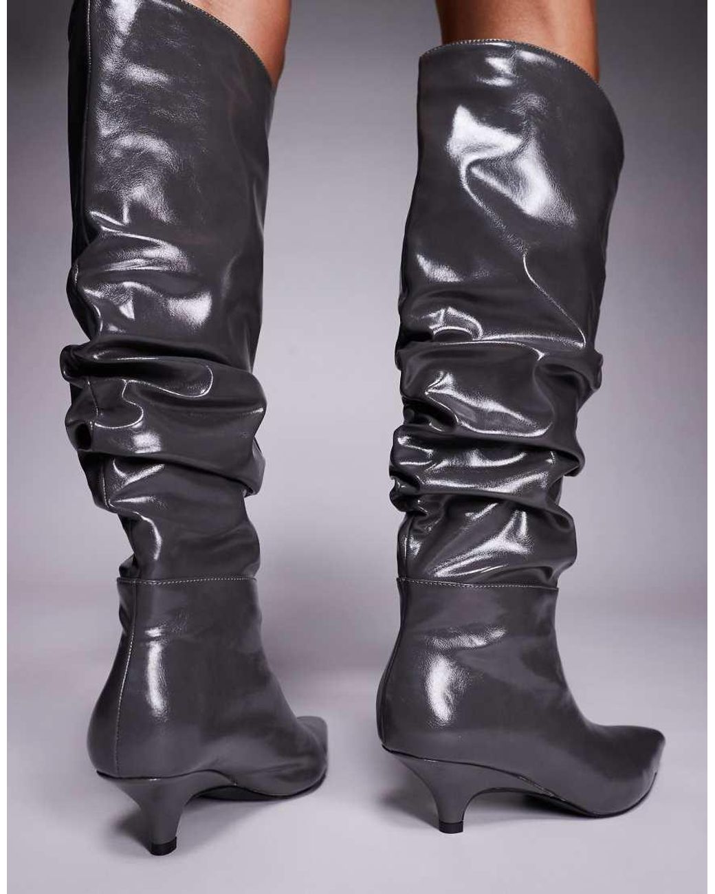 Public Desire Gray La Dolce Vita Ruched Kitten Heel Knee Boots