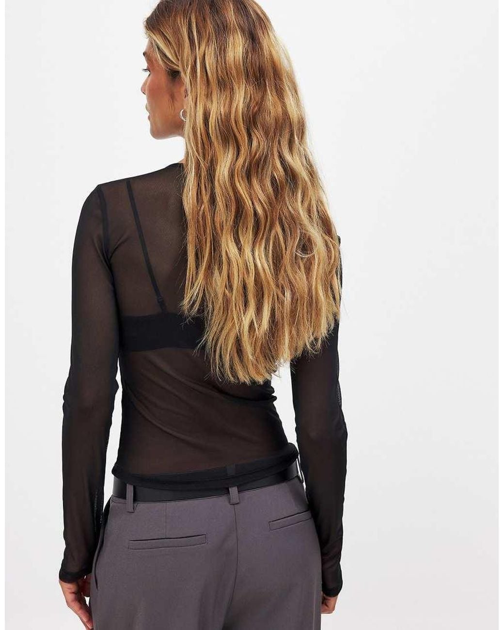 NA-KD Brown Round Neck Fitted Mesh Top