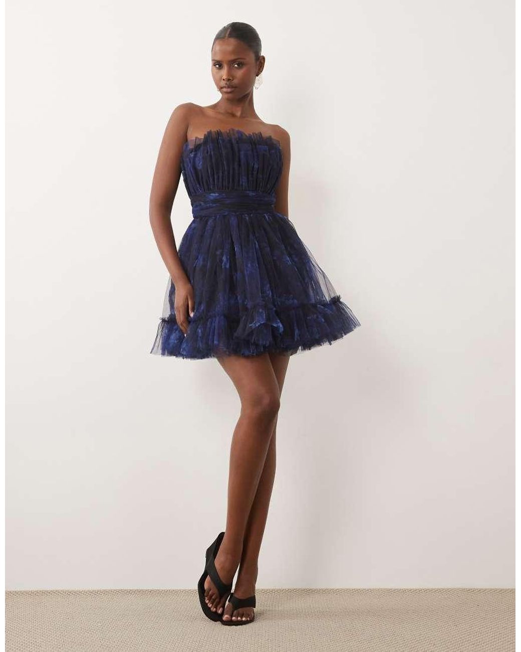 LACE & BEADS Blue Bandeau Structured Mini Dress